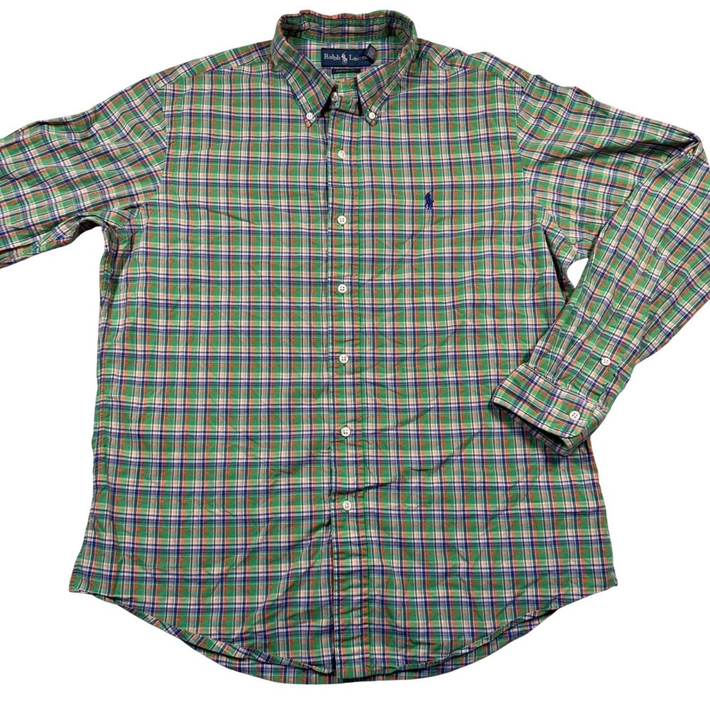 Vintage Polo Ralph Lauren Button Down Shirt Mens L Green Plaid Custom Fit Pony‎